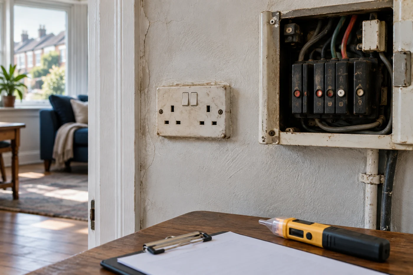 Old fuse box in a Bristol home before rewiring