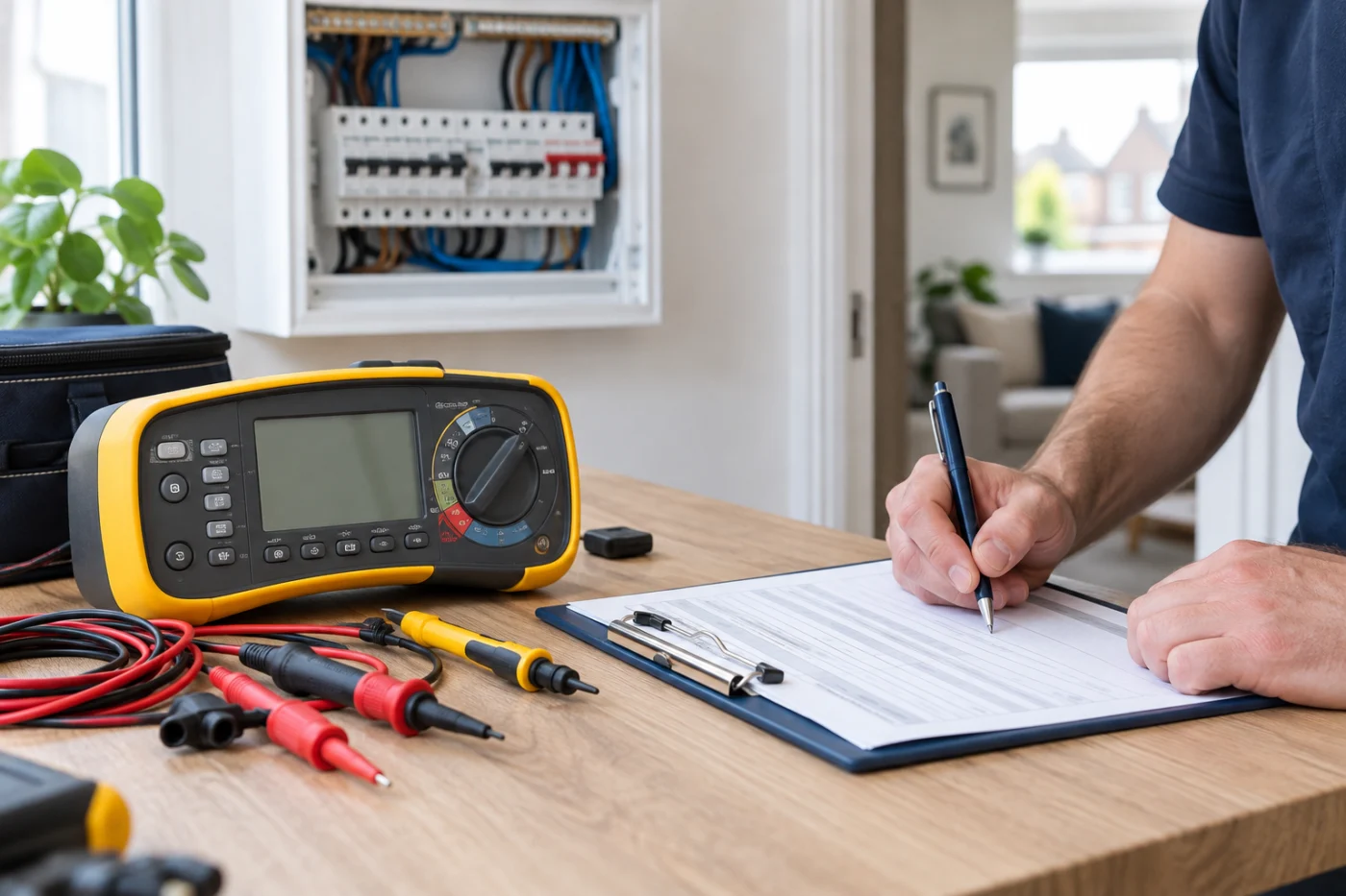 Electrician testing a circuit with a multifunction tester
